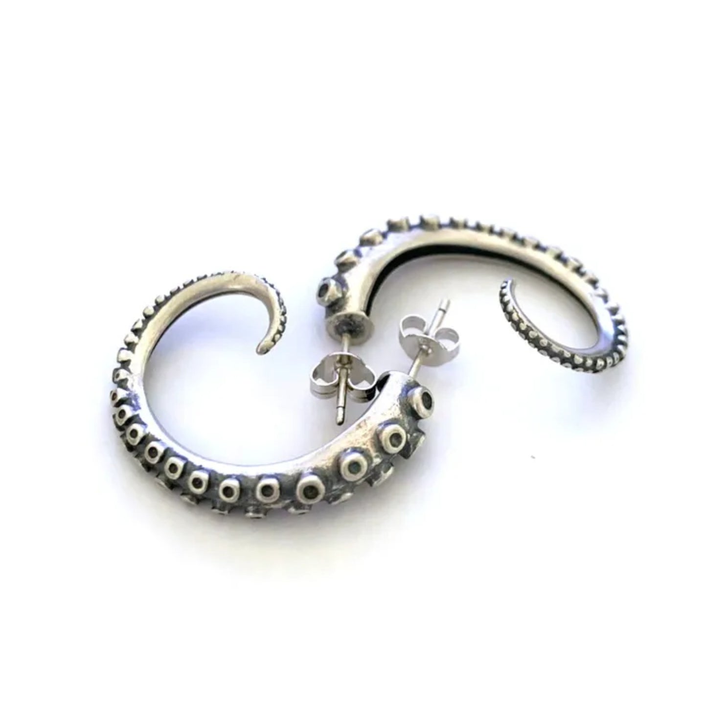 Octopus Sea Monster Tentacle Hoop Earrings Antique Silver