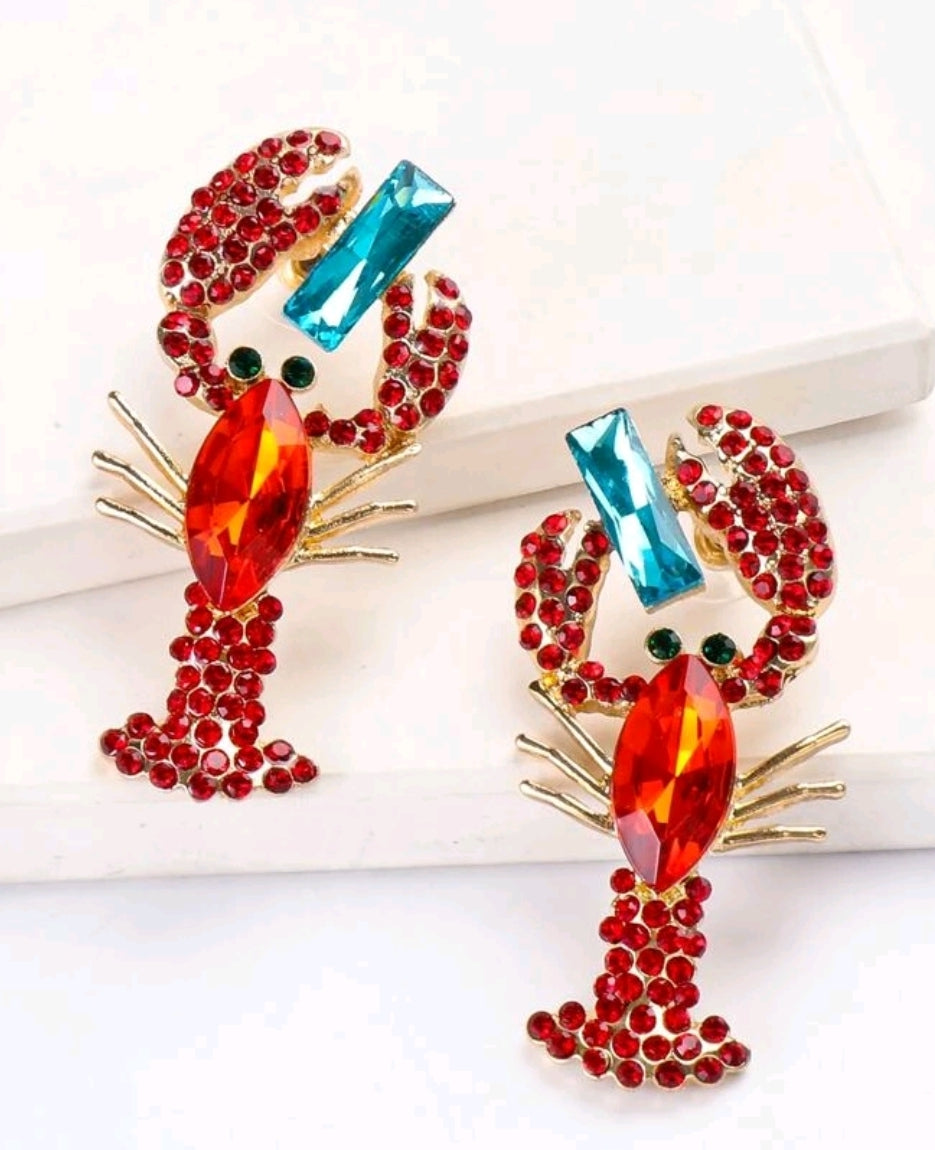 Overstated Lobster Style Rhinestone Stud Back Earrings Red Turquoise
