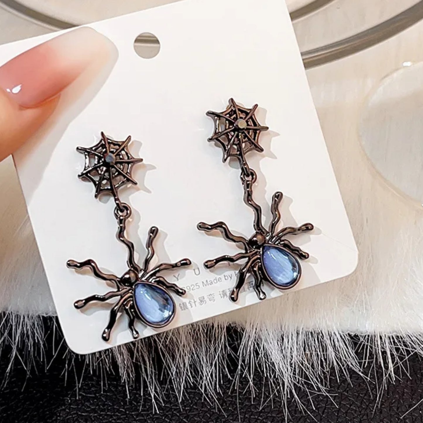 Spider Dangle Charm Earrings Black Enamel Web Crystal Accents