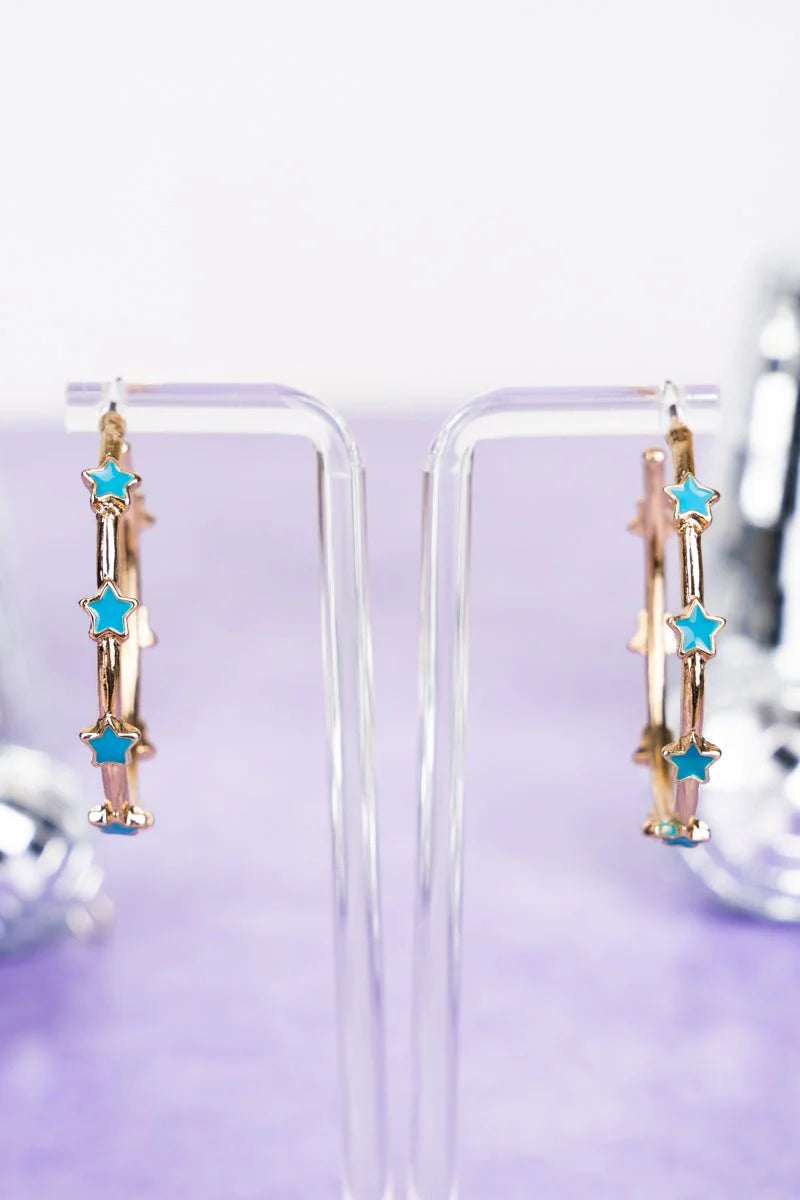 Star Enamel Hoop Earrings Blue with Gold
