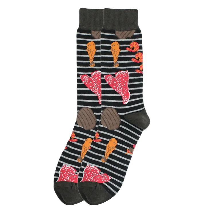 Pair of Socks Showing Steaks, Burgers, and Shrimp on a grill.