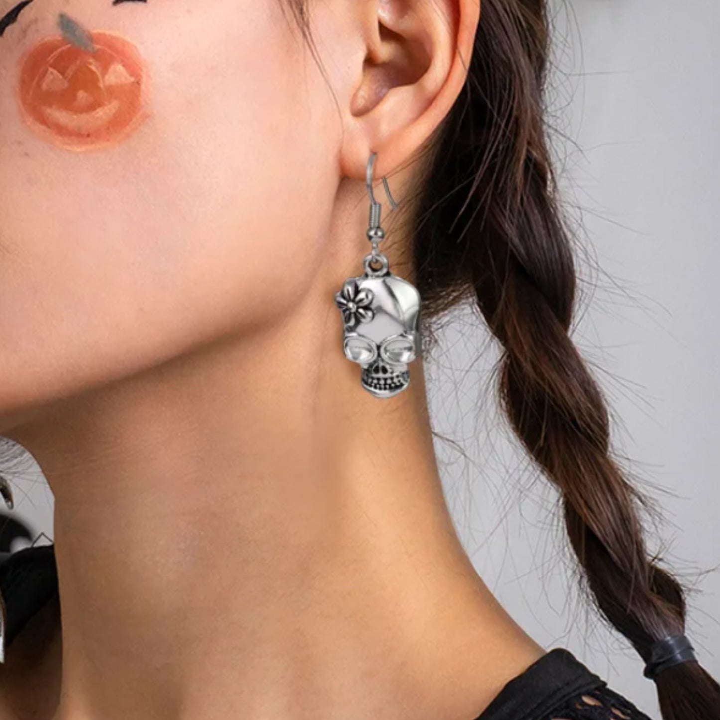 Antique Silver Tone Sugar Skull Dangle Earrings