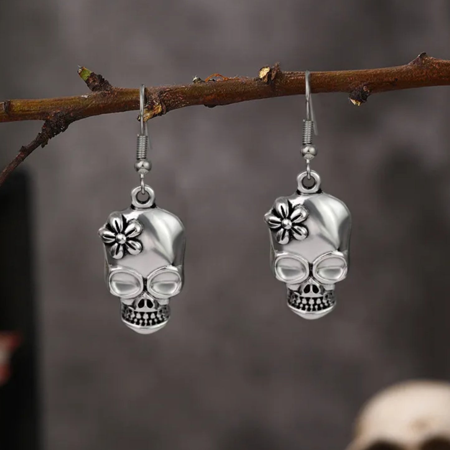 Antique Silver Tone Sugar Skull Dangle Earrings