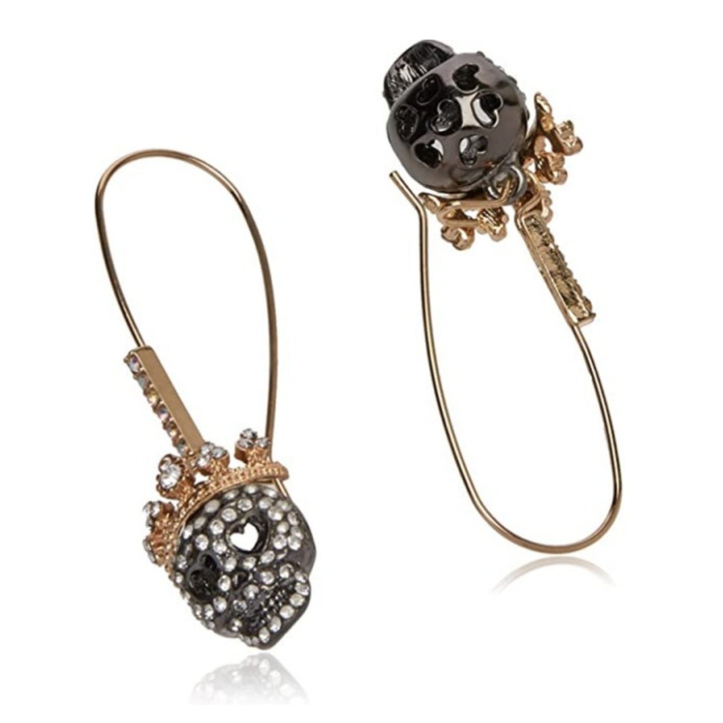 Crystal Crown Sugar Skull Dangle Earrings Black and Antique Bronze