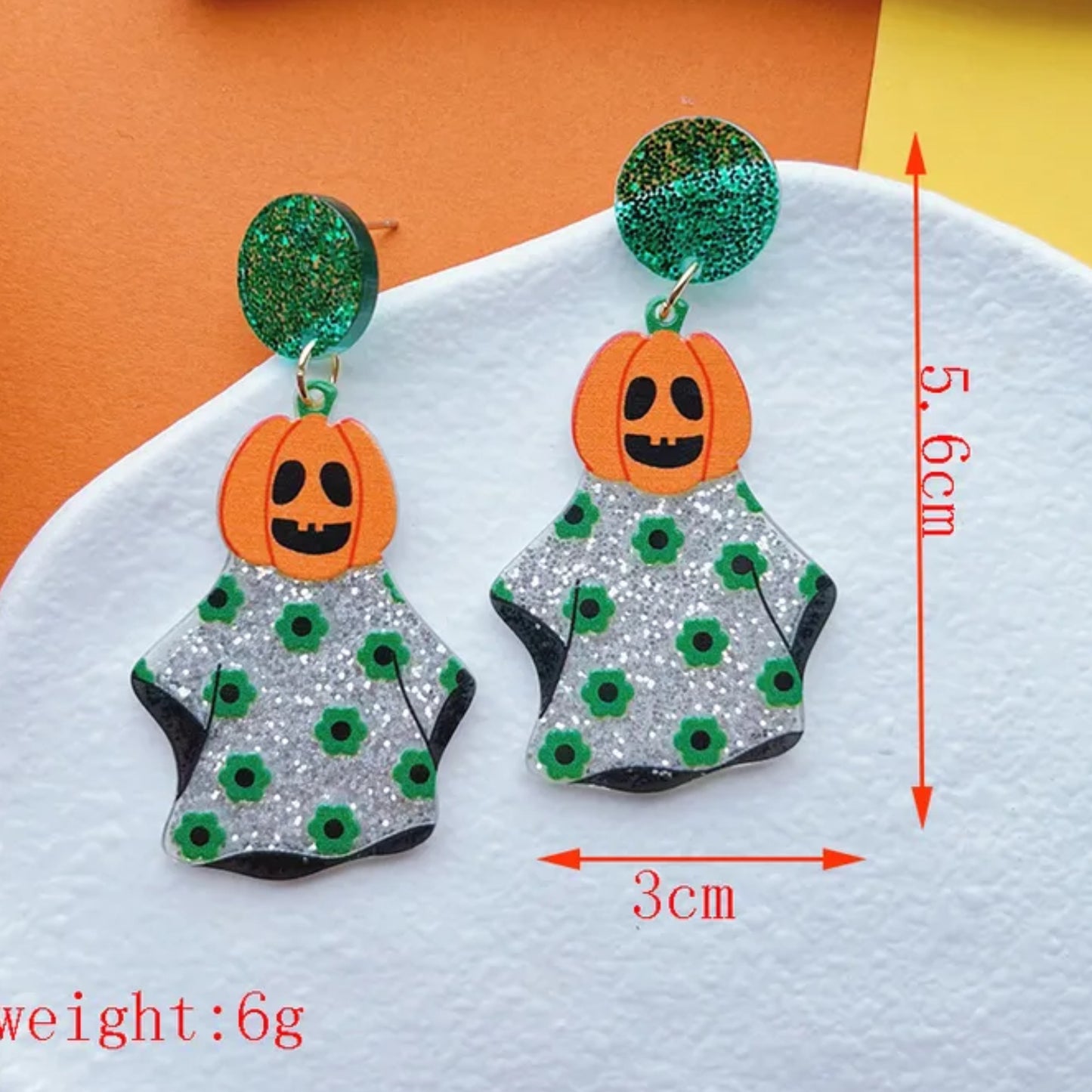 Happy Pumpkin Head Ghost Green Silver Glitter Acrylic Earrings