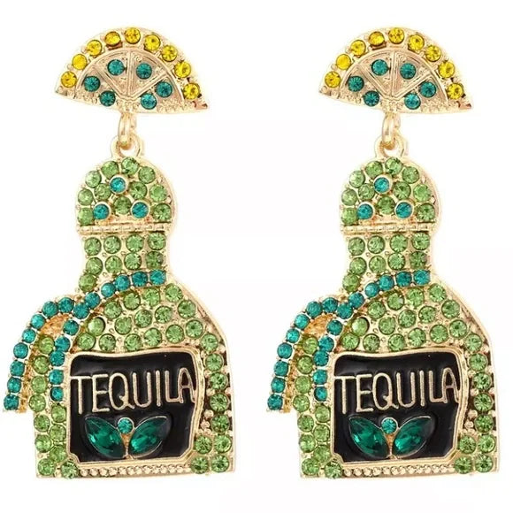 Rhinestone Encrusted Tequila Bottle Lime Wedge Stud Dangle Earrings Green Blue