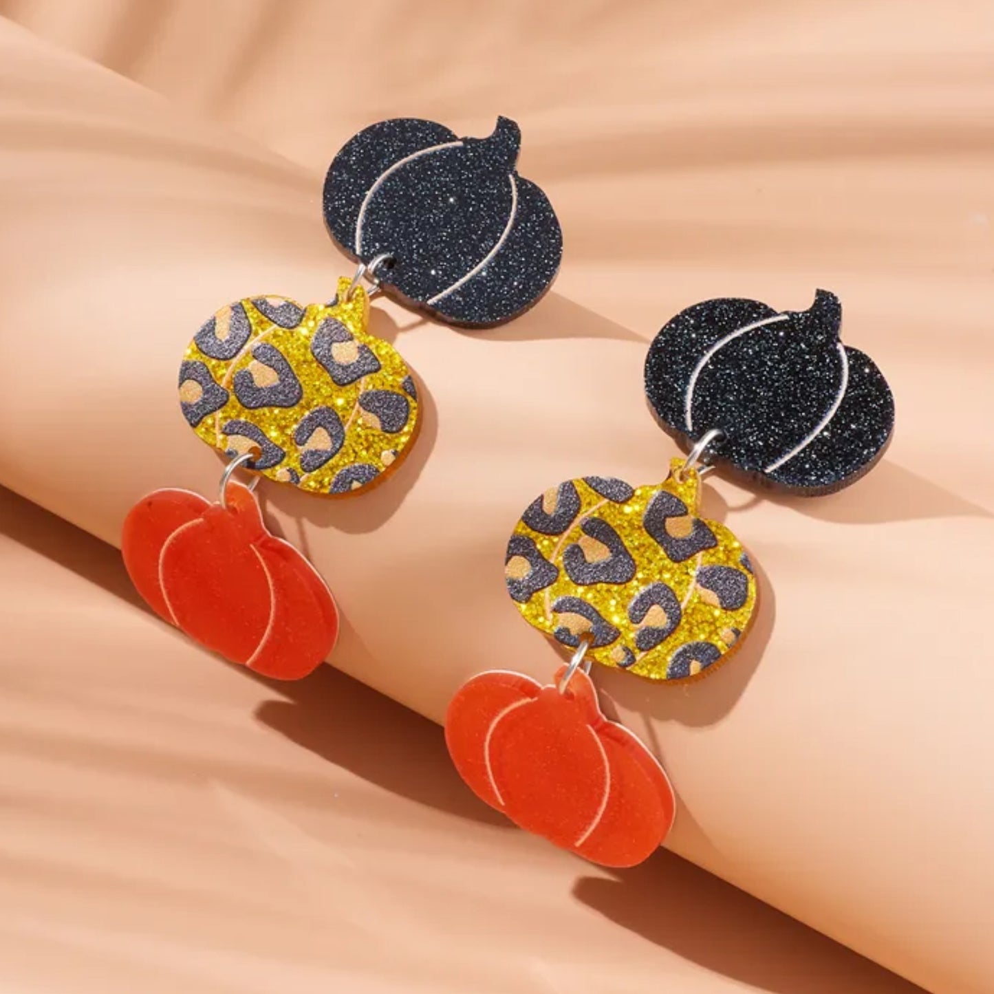Triple Pumpkin Animal Print Dangle Earrings Fun Festive Fall
