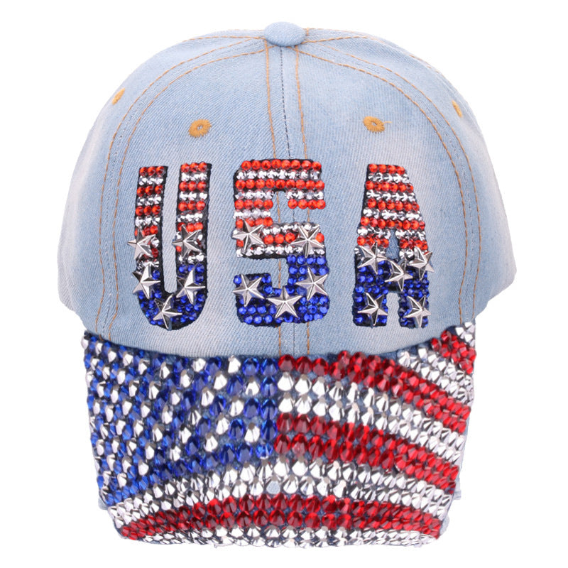 USA American Flag Bling Baseball Cap Distressed Light Denim