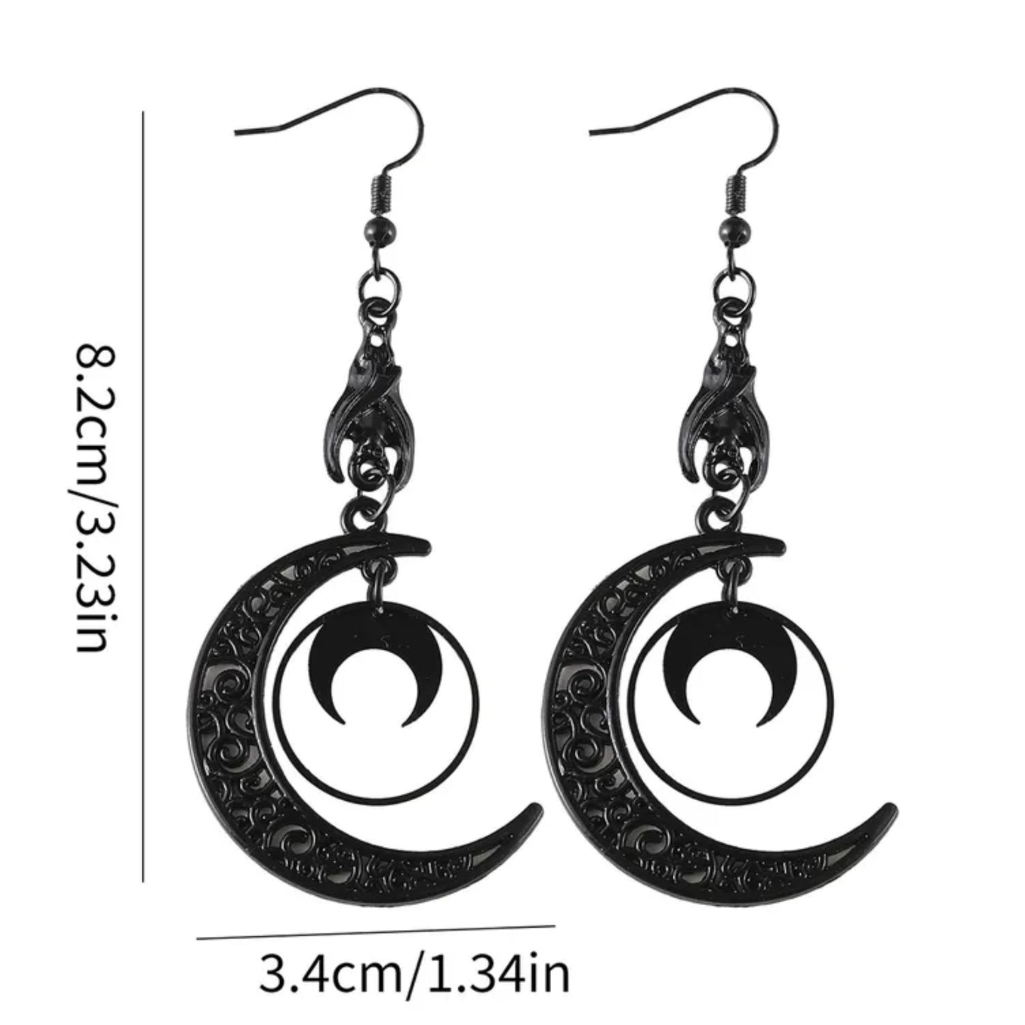 Hanging Bat Celestial Moon Theme Dangle Earrings ALL BLACK