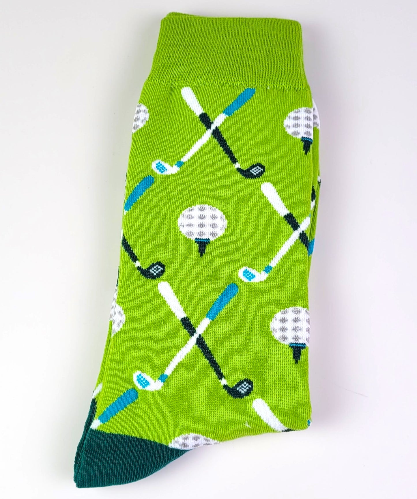 Green sock with golf-themed pattern on a white background