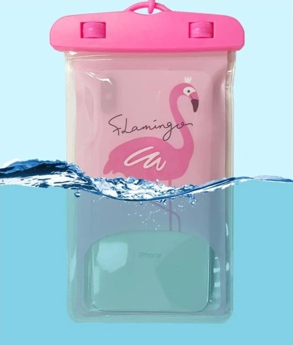 A pink flamingo print water-resistant cellphone bag with a lanyard, shown with a splash of water to highlight its water-resistant feature.
