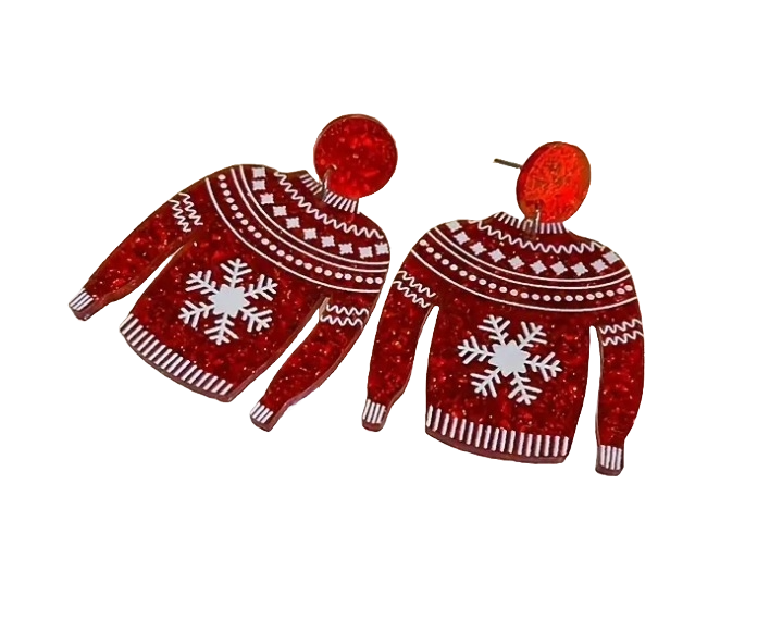 Christmas Sweater Snowflake Design Glitter Acrylic Dangle Earrings