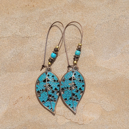 Bohemian Moroccan Filigree Leaf Bronze Green Antique Finish Drop Earrings