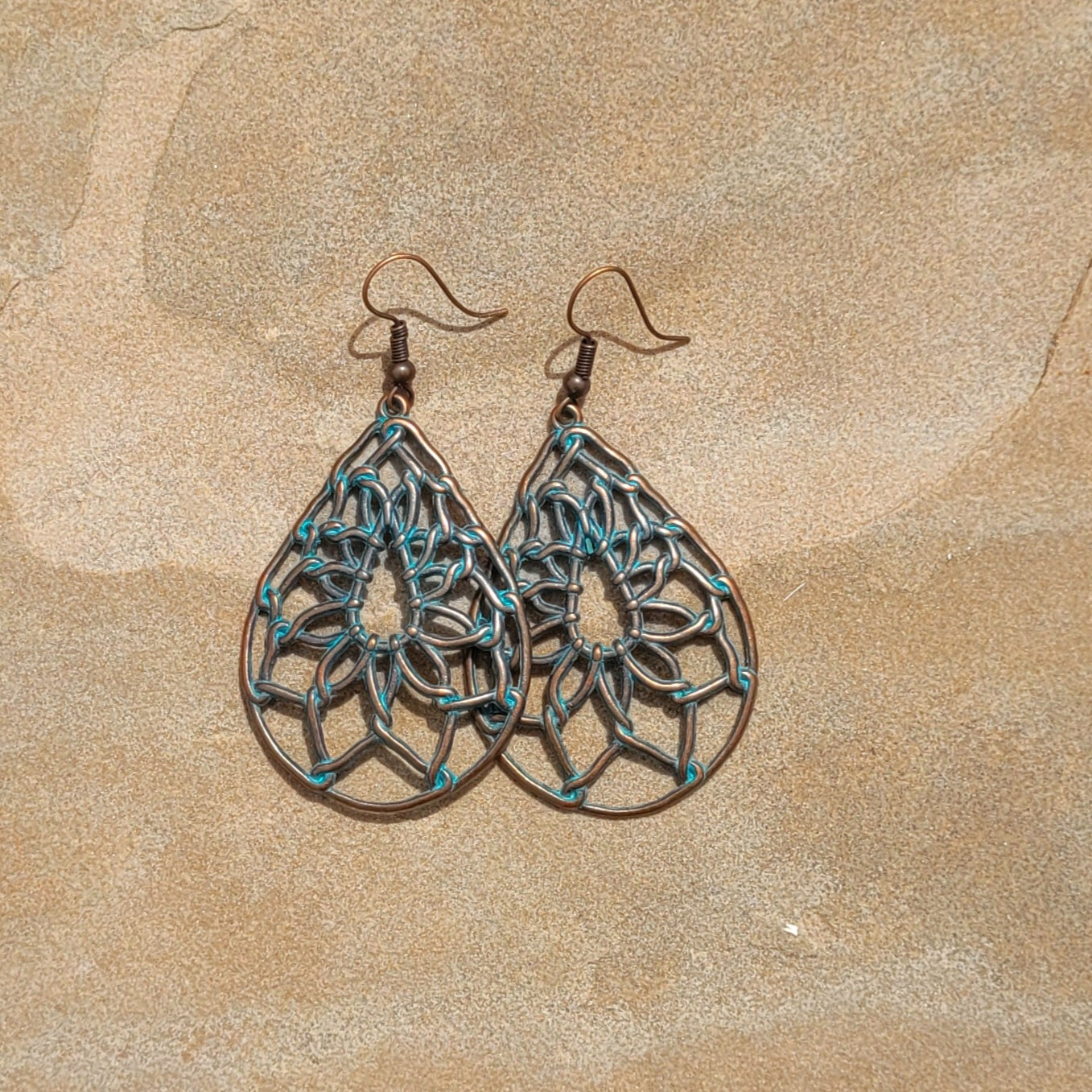 Native Bohemian Dream Catcher Net Antique Brass and Green Finish Teardrop Dangle Earring