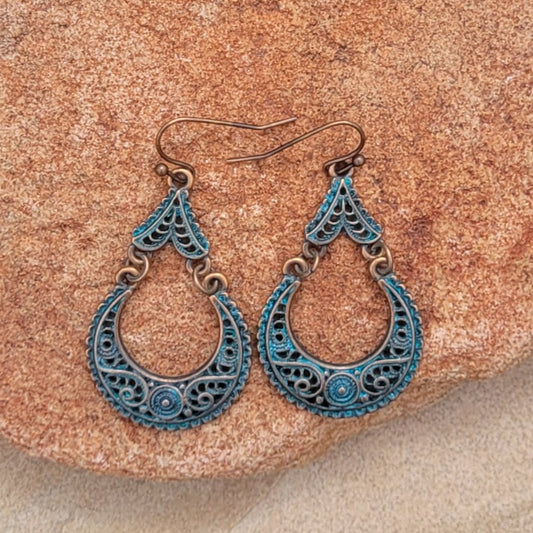 Vintage Bohemian Inspired Cutout Antique Green and Gold Finish Dangle Earring