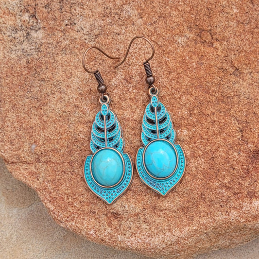 Moroccan Bohemian Style Antique Bronze and Green Finish Abstract Feather Teardrop Dangle Earring