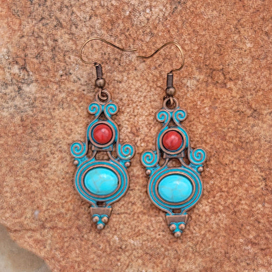 Moroccan Bohemian Style Antique Bronze and Green Finish Red Stone Accent Abstract Teardrop Dangle Earring