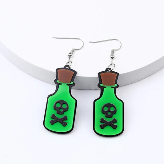 Poison Potion Skull and Crossbones Bright Green Earrings