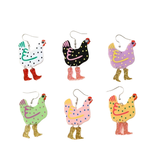 A collection of dangle earrings in various colors, each featuring a stylized chicken with boots and polka dots.
