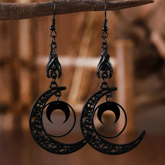 Hanging Bat Celestial Moon Theme Dangle Earrings ALL BLACK
