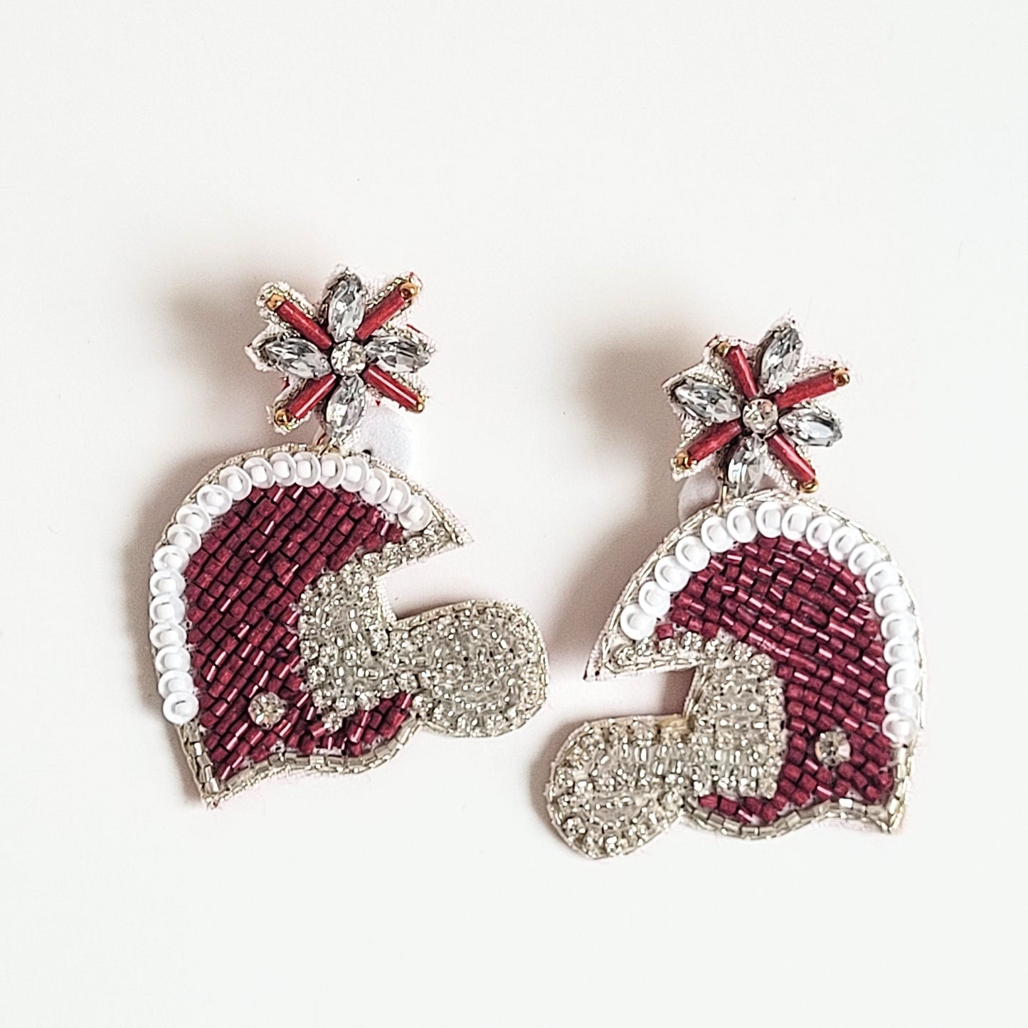 Seed Bead and Rhinestone Football Helmet Dangle Earrings Crimson and White