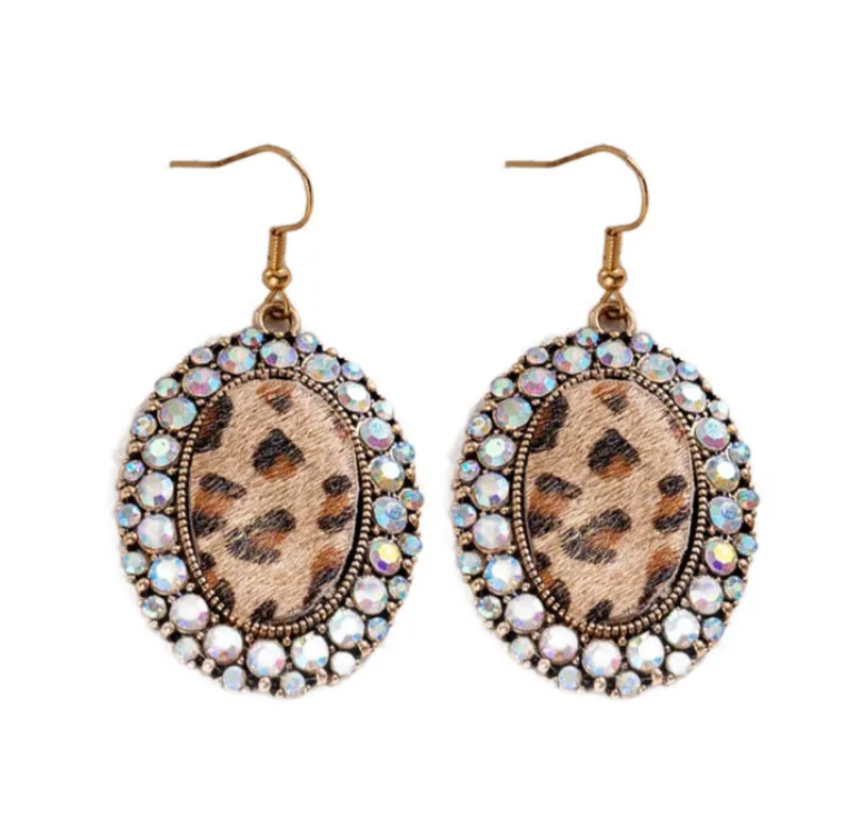Pair of earrings with leopard print and rhinestone details on a white background