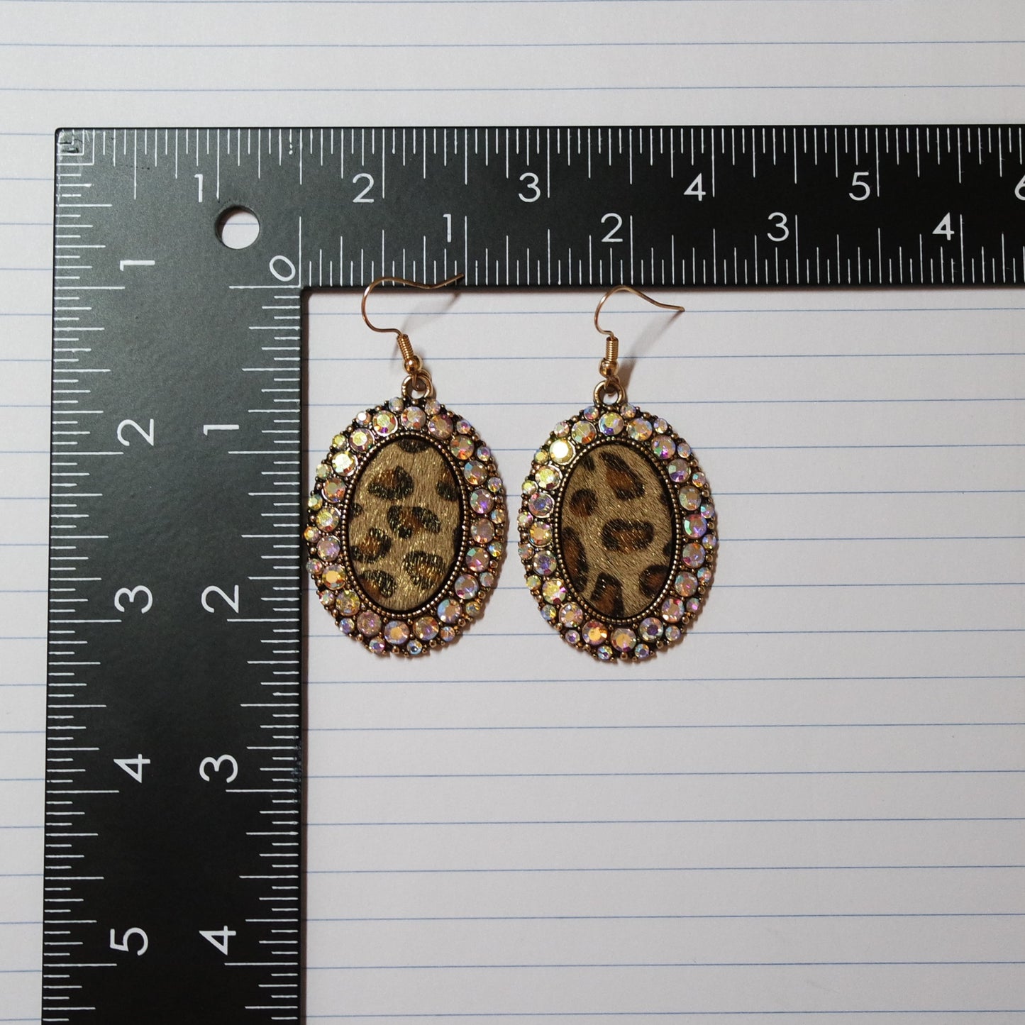 Cheetah Print and Rhinestone Oval Dangle Earrings | Antique Gold