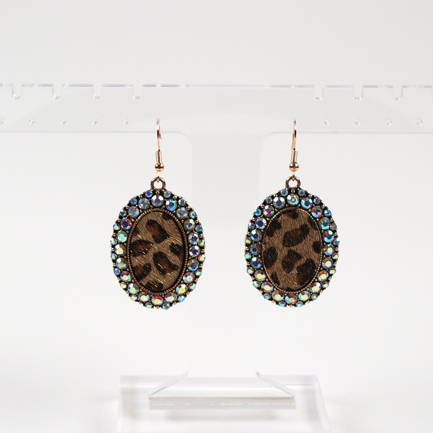 Cheetah Print and Rhinestone Oval Dangle Earrings | Antique Gold
