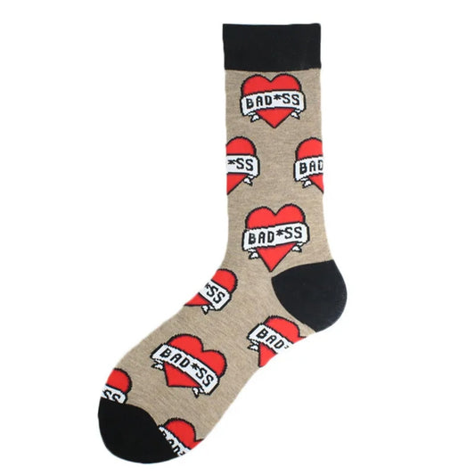Beige sock with red heart designs and 'BAD ASS' text on a white background