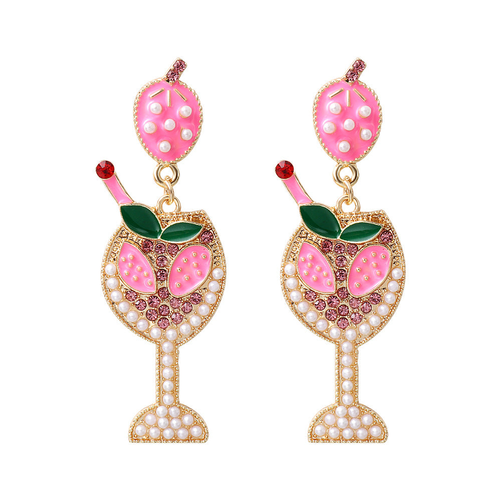 Tropical Strawberry Daiquiri Enamel Rhinestone and Pear Accent Dangle Earrings Barbie Pink