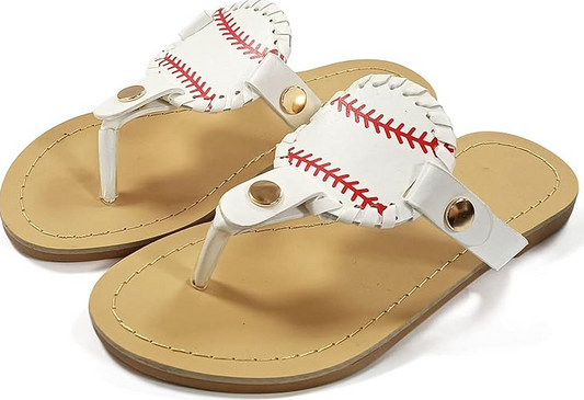Pair of sandals with baseball design on a white background