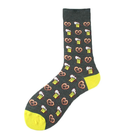 Sock with beer mug and pretzel pattern on a white background