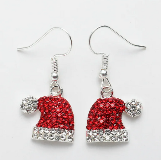 Red Santa hat earrings with clear stones on a white background