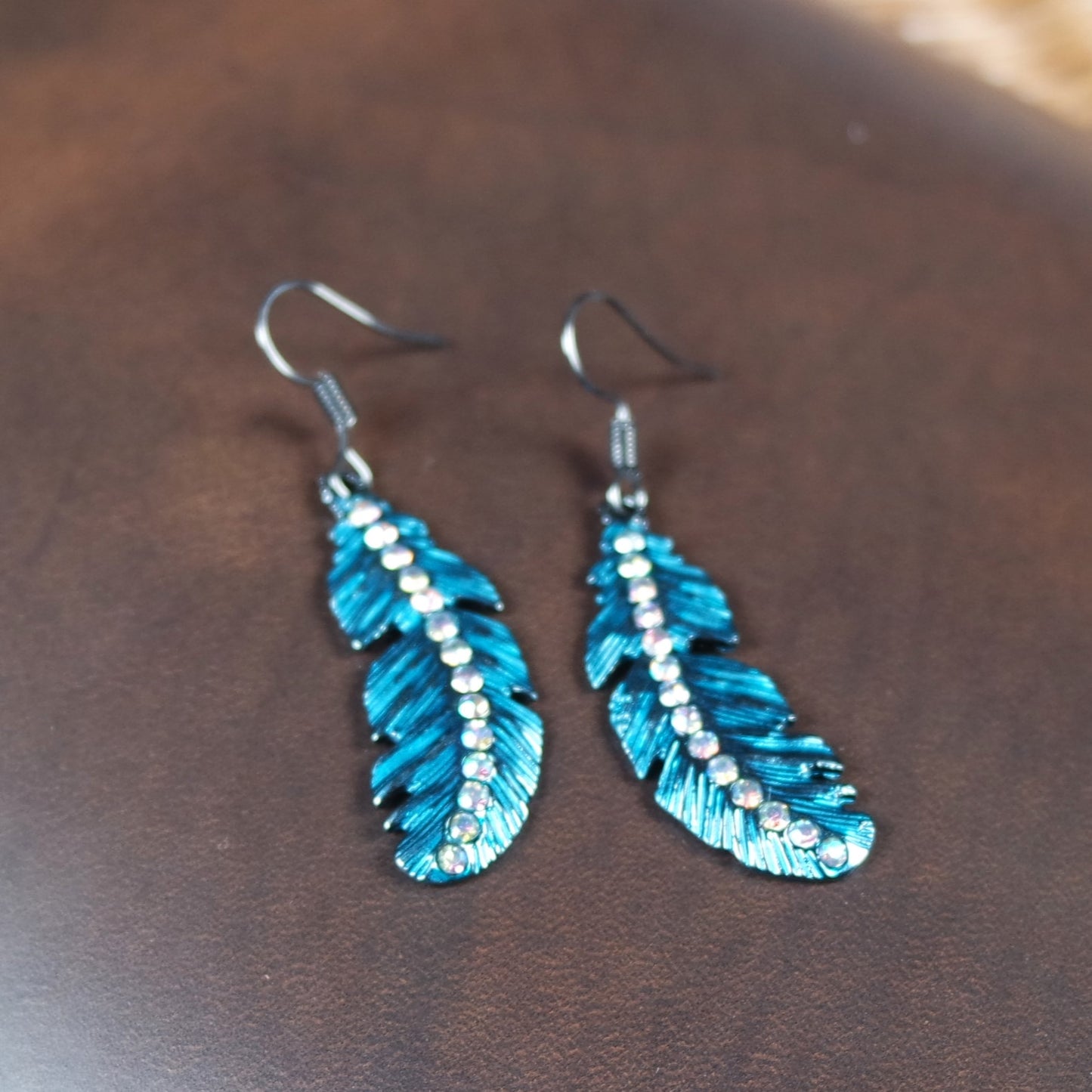 Blue Shimmer Feather with Rhinestone Accents Dangle Earrings