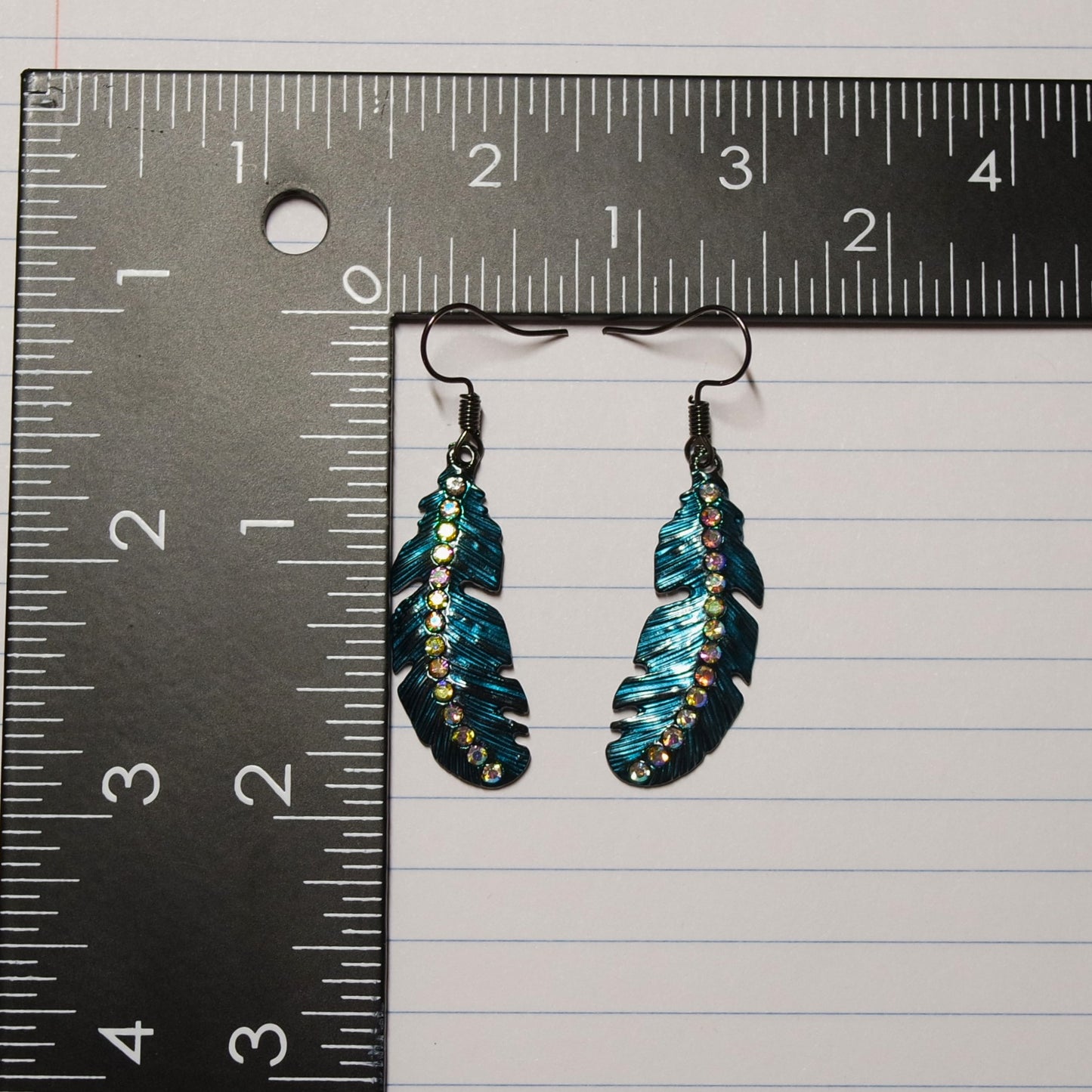 Blue Shimmer Feather with Rhinestone Accents Dangle Earrings