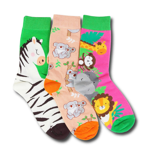 Three colorful socks with animal designs on a white background