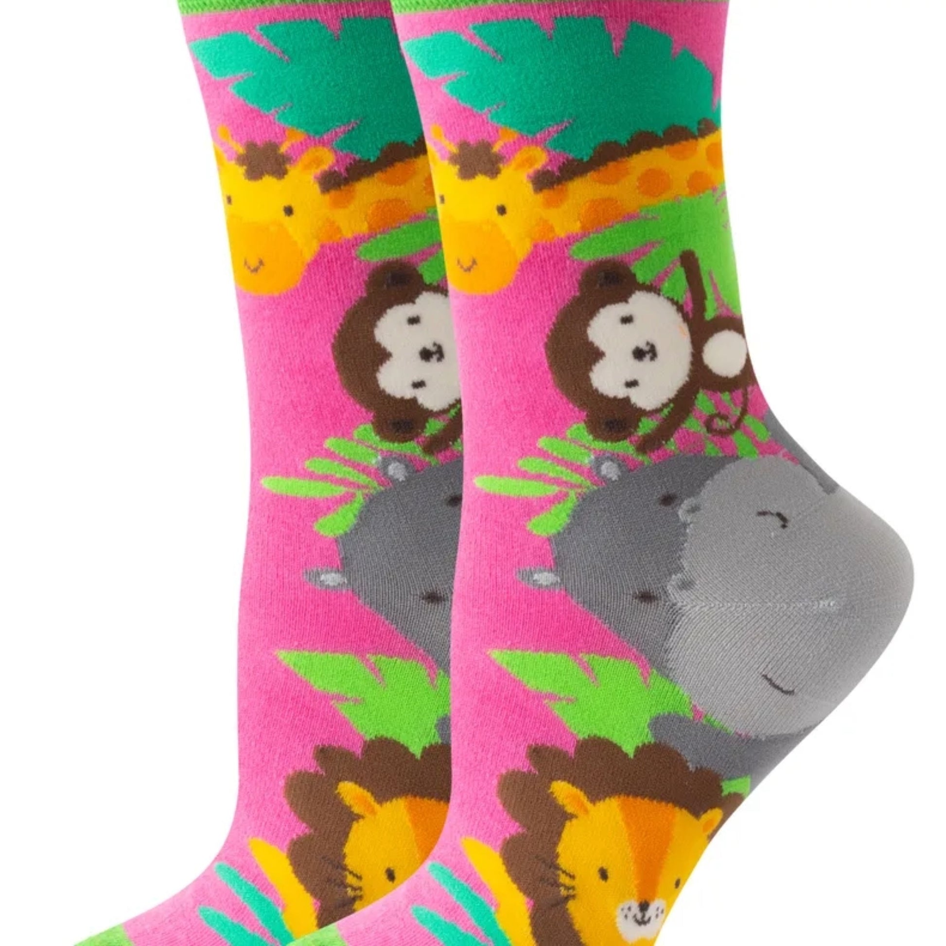 Colorful socks with animal patterns on a pink background