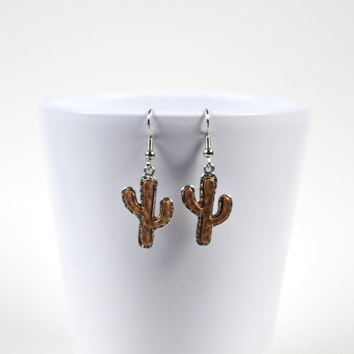Hammered Silver and Bronze Cactus Dangle Earrings Textured Metals