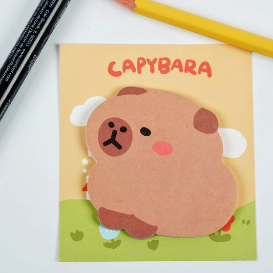 A cartoon-style sticky note pad with an illustration of a cute capybara looking over its shoulder, titled 'CAPYBARA'.