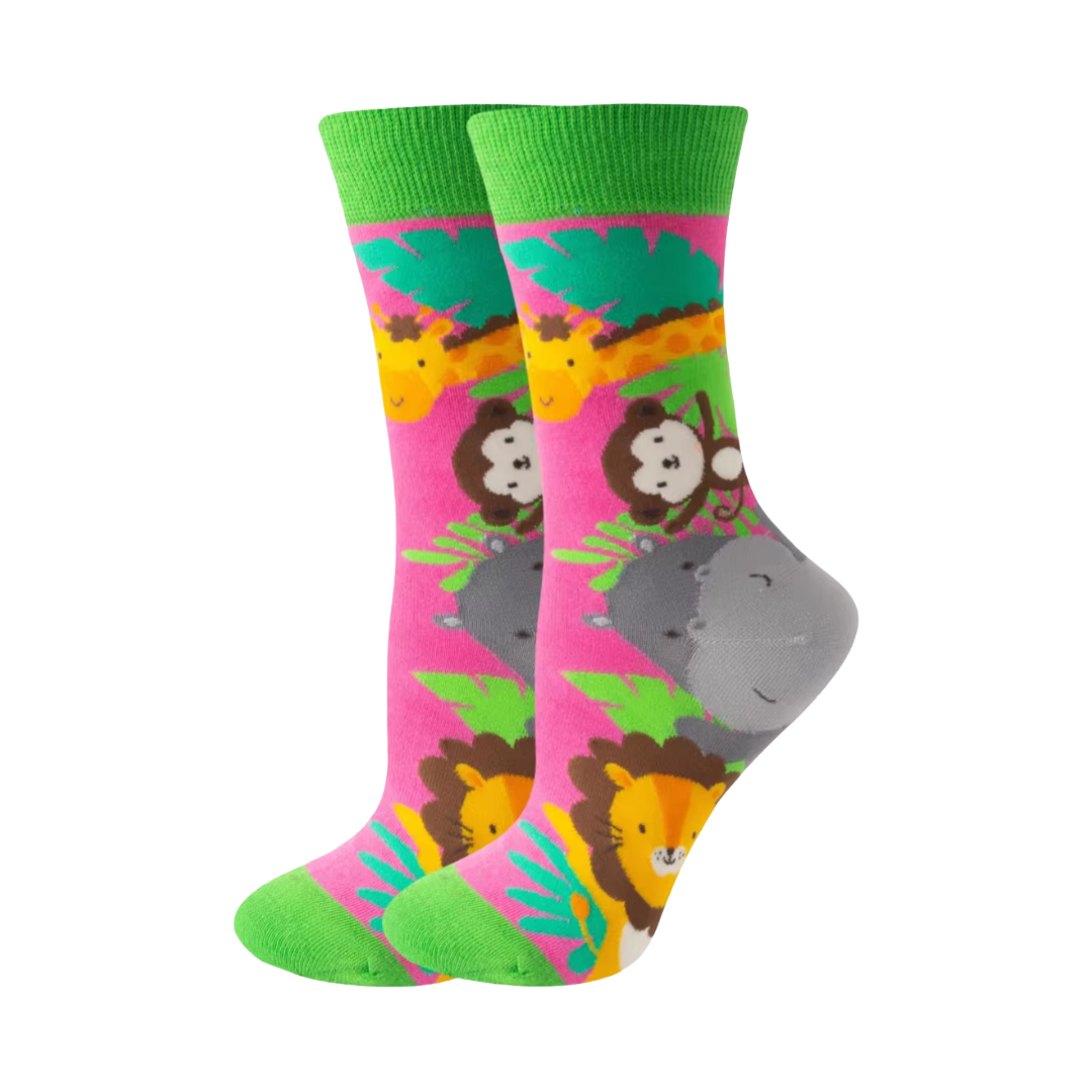 Colorful Happy Zoo Friends Hanging Out - Adorable Novelty Socks for Ladies