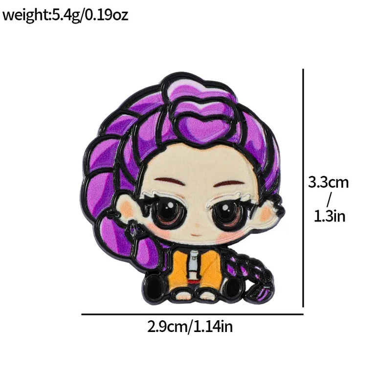Enamel Pin Character with purple hair and black braids on a white background with measurements.