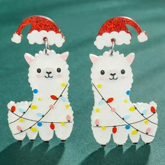 Cute Llama Dressed for Christmas Dangle Earrings