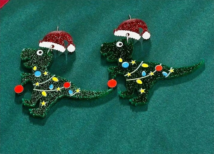 New! Trendy Christmas Party Earrings Acrylic Dinosaur Dangle Glitter Green