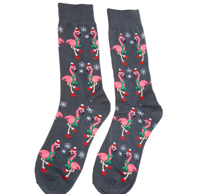 Gray socks with pink flamingo design on a white background