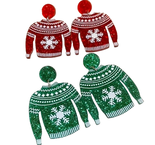 Christmas Sweater Snowflake Design Glitter Acrylic Dangle Earrings