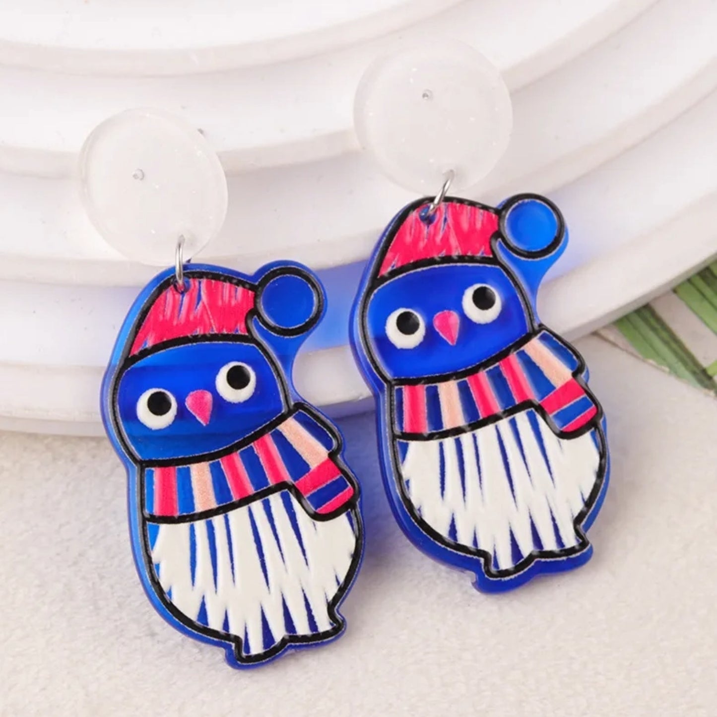 Cute Blue Penguin Dressed for Winter Acrylic Dangle Earrings