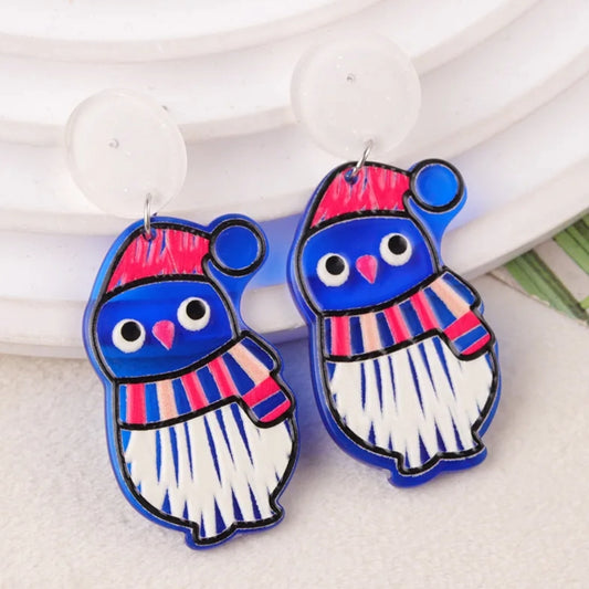 Cute Blue Penguin Dressed for Winter Acrylic Dangle Earrings