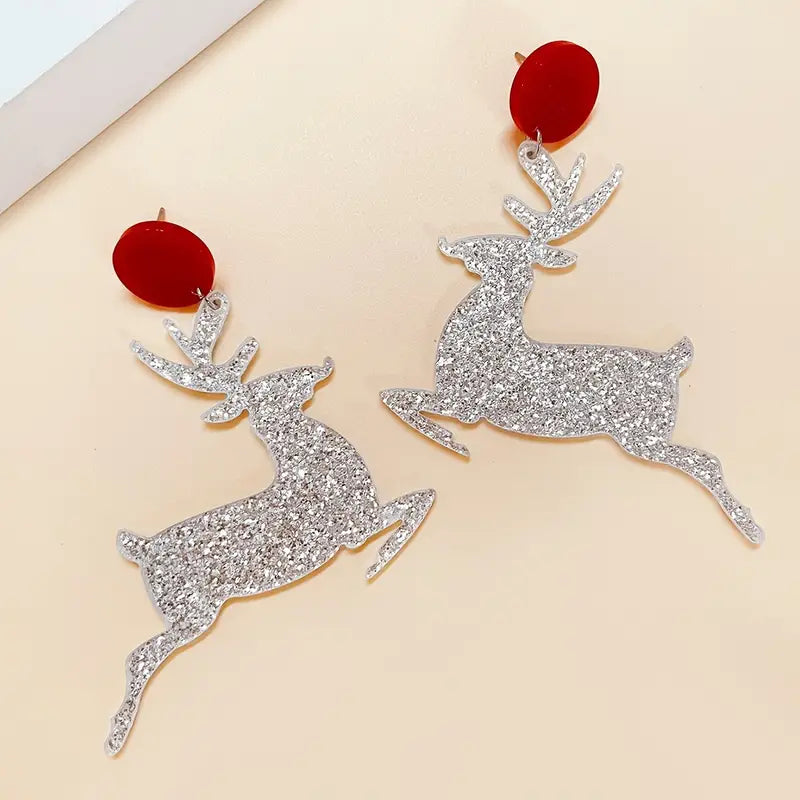 Leaping Reindeer in silver Glitter Dangle Red Earrings