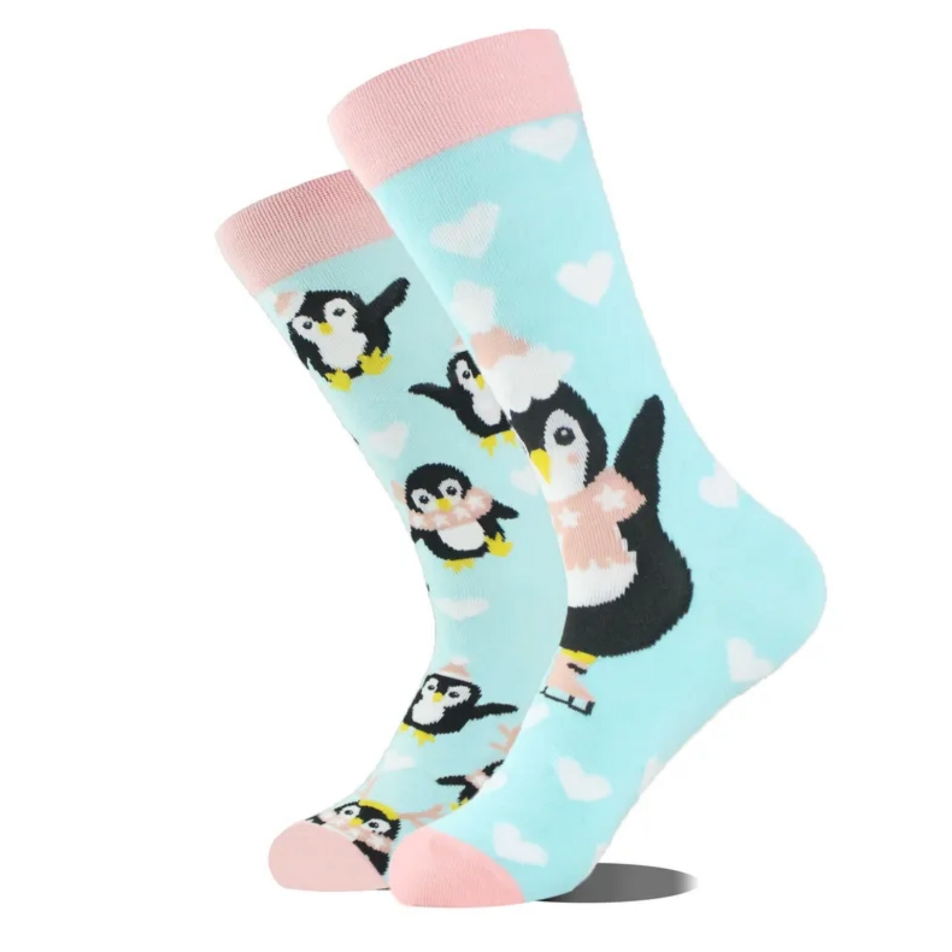 Colorful socks with penguin design on a light blue background