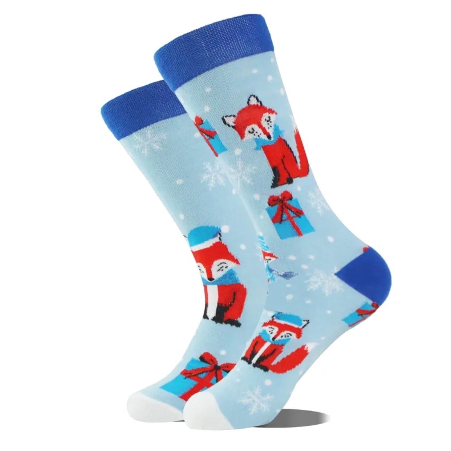 Pair of socks with fox and gift design on a light blue background